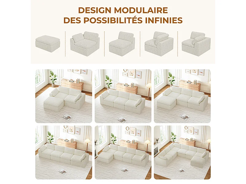 Canapé d'angle panoramique modulable en tissu chenille, 5-7 places, avec pouf, 368x286x88cm, Beige