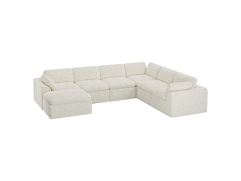 Canapé d'angle panoramique modulable en tissu chenille, 5-7 places, avec pouf, 368x286x88cm, Beige