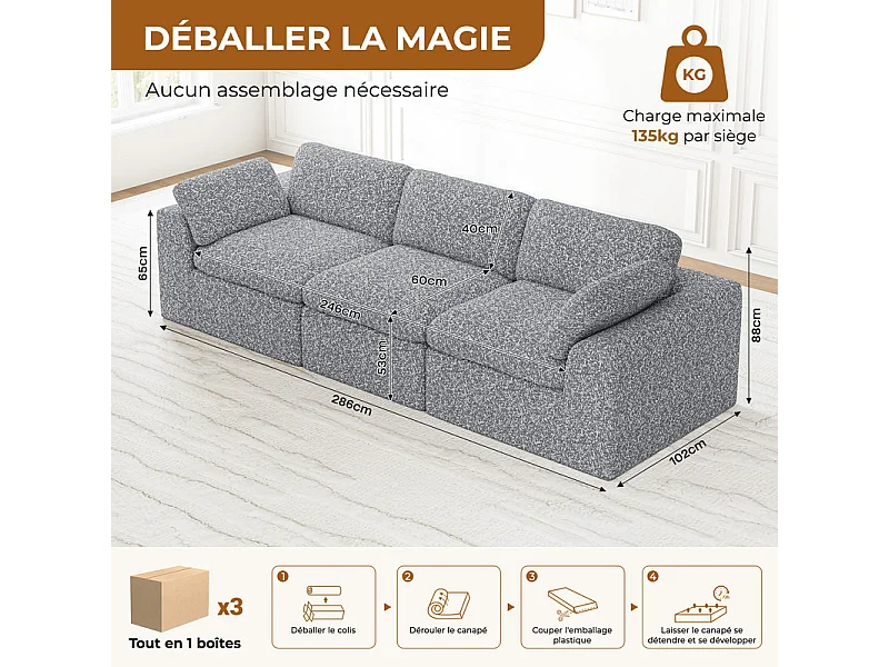 Canapé 3 places modulable en tissu chenille gris 286x102x88cm