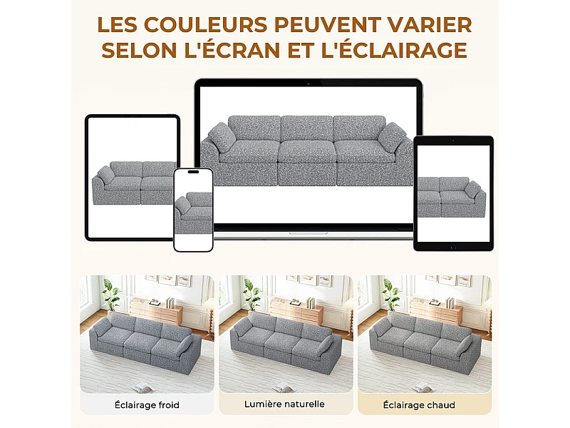 Canapé 3 places modulable en tissu chenille gris 286x102x88cm
