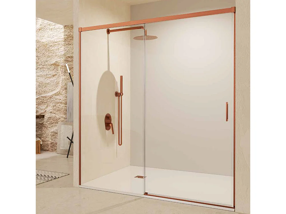 Parete doccia frontale con 1 porta e 1 fisso scorrevole | Vetro temperato 6mm | Altezza 195 cm | Profilo Oro Rosa 170cm (adap. 166,1-171)