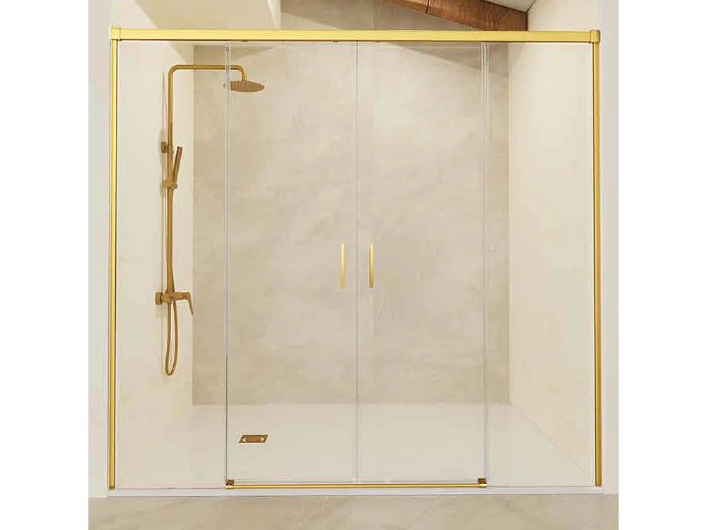 Box Doccia Frontale 2 Fissi + 2 Porte Scorrevoli | Vetro Temperato 6 mm Anticalcare | Altezza 195 cm | Profilo Oro 145cm (adap. 141,1-146)