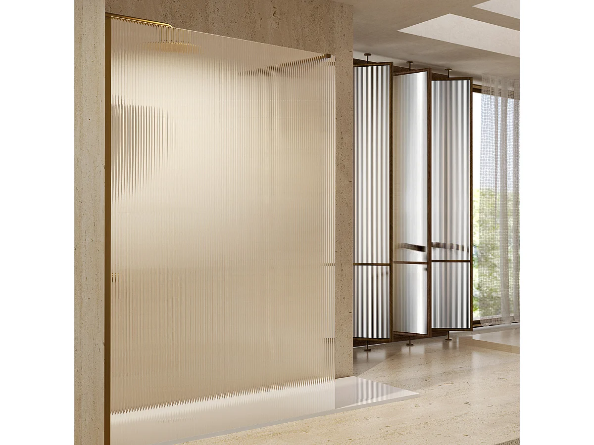 Panel de Ducha Fijo Walk In | Vidrio Templado 8mm Antical Ondas | Altura 200cm | Oro Cepillado 90cm