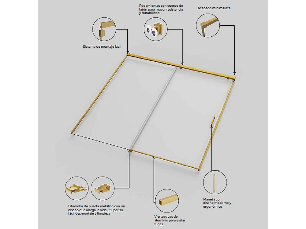 Parete doccia frontale con 1 porta e 1 fisso scorrevole | Vetro temperato 6mm | Altezza 195 cm | Profilo Oro 140cm (adap. 136,1-141)
