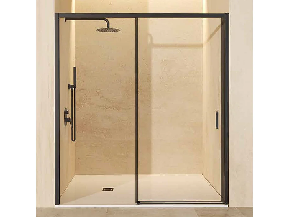 Parete doccia frontale con 1 porta e 1 fisso scorrevole | Vetro temperato 6mm | Altezza 195 cm | Profilo nero opaco 135cm (adap. 131,1-136)