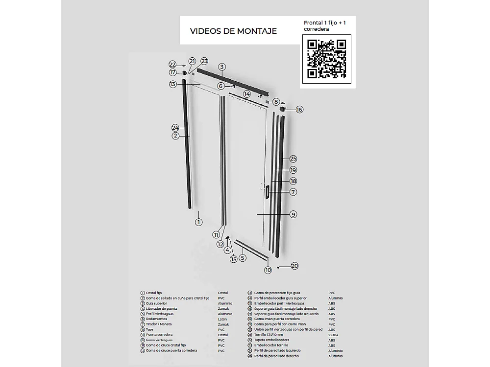 Parete doccia frontale con 1 porta e 1 fisso scorrevole | Vetro temperato 6mm | Altezza 195 cm | Profilo nero opaco 180cm (adap. 176,1-181)