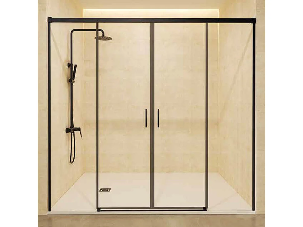 Box Doccia Frontale 2 Fissi + 2 Porte Scorrevoli | Vetro Temperato 6 mm Anticalcare | Altezza 195 cm | Profilo Nero Opaco 160cm (adap. 156,1-161)