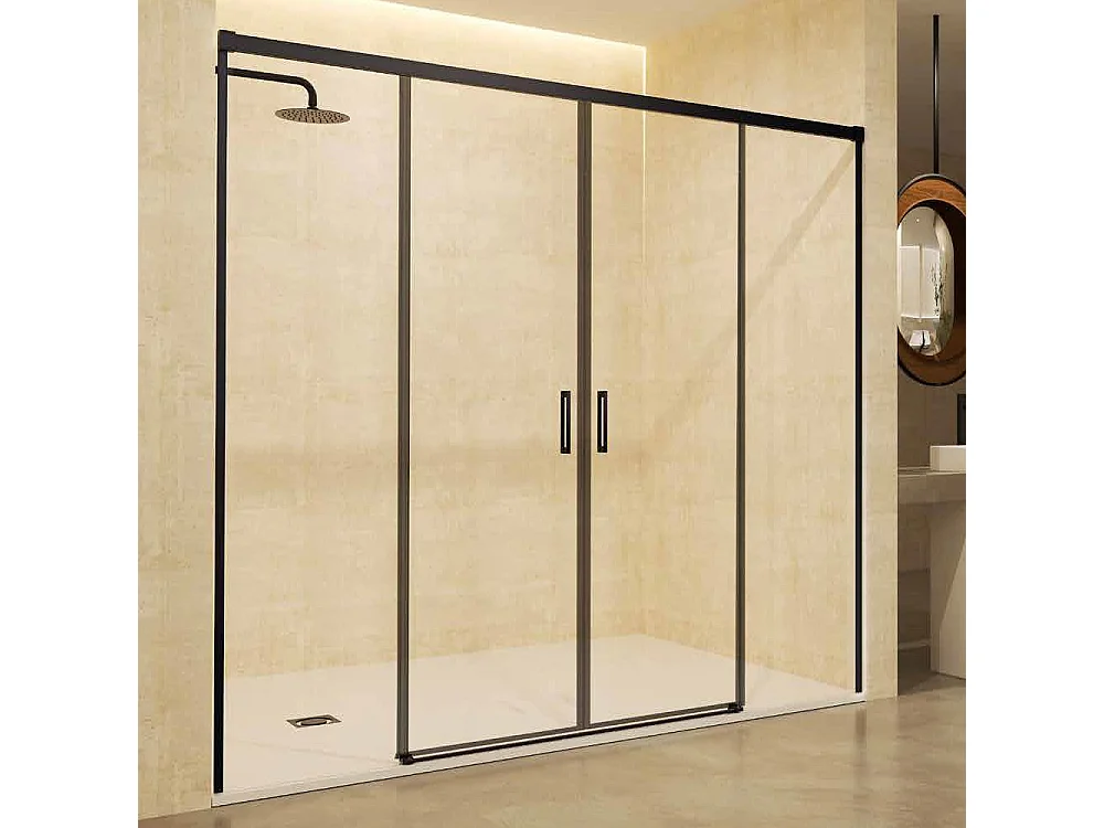Box Doccia Frontale 2 Fissi + 2 Porte Scorrevoli | Vetro Temperato 6 mm Anticalcare | Altezza 195 cm | Profilo Nero Opaco 160cm (adap. 156,1-161)