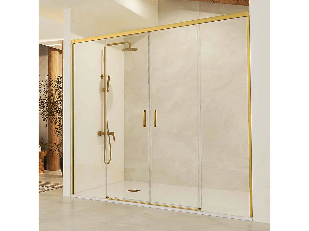 Box Doccia Frontale 2 Fissi + 2 Porte Scorrevoli | Vetro Temperato 6 mm Anticalcare | Altezza 195 cm | Profilo Oro 175cm (adap. 171,1-176)