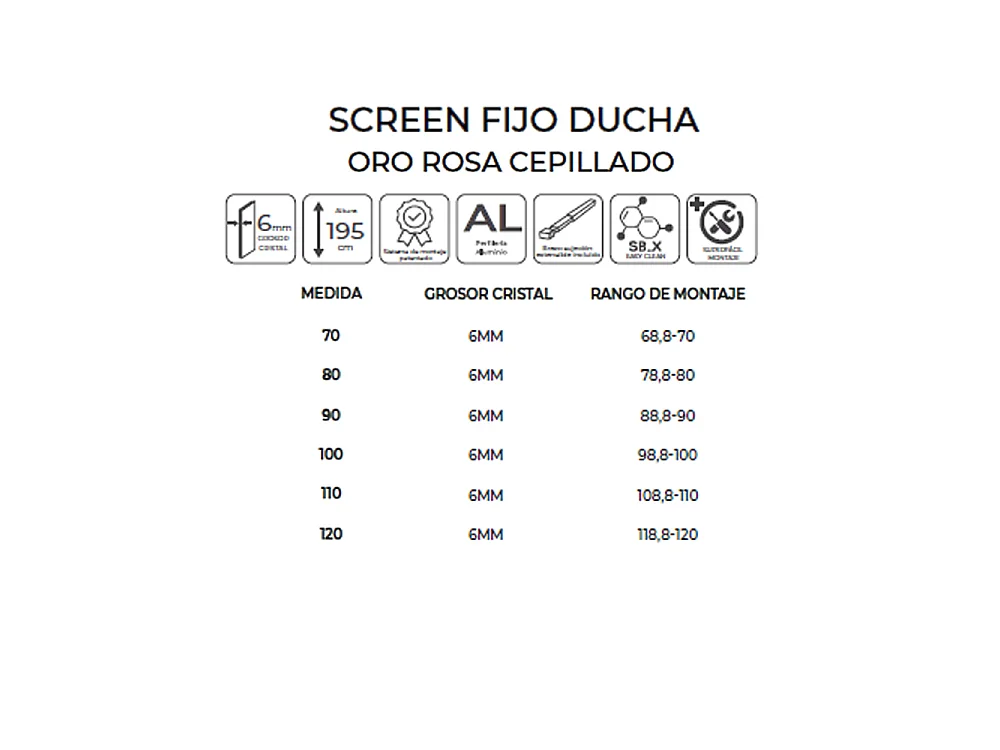 Pannello Doccia Fisso Walk-In | Vetro Temperato 6 mm Anticalcare Trasparente | Altezza 195 cm | Oro Rosa Spazzolato 120cm