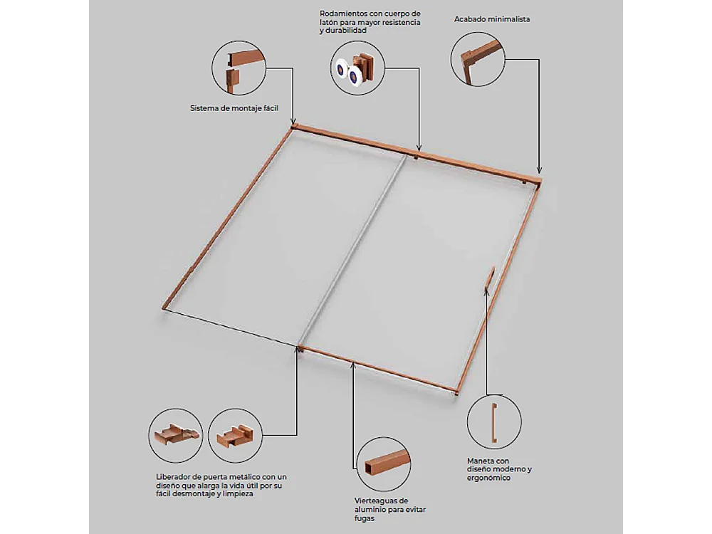 Parete doccia frontale con 1 porta e 1 fisso scorrevole | Vetro temperato 6mm | Altezza 195 cm | Profilo Oro Rosa 160cm (adap. 156,1-161)