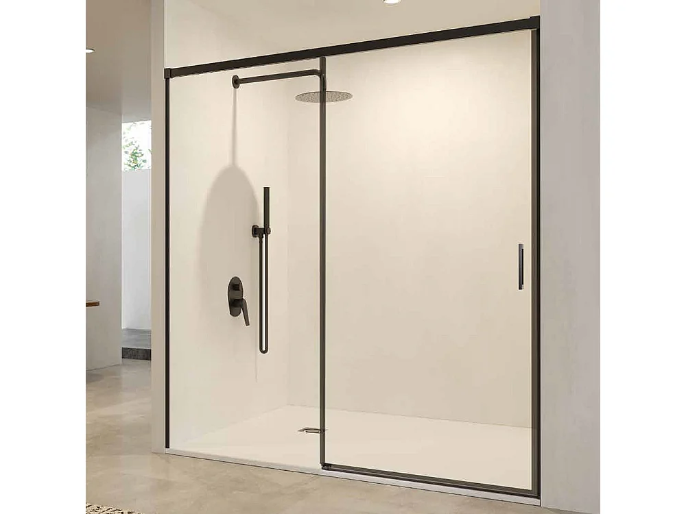 Mampara Ducha Frontal Corredera 1 Puerta 1 Fijo | Vidrio Templado 6mm Antical | Altura 195cm | Perfil Negro Mate 130cm (adap. 126,1-131)