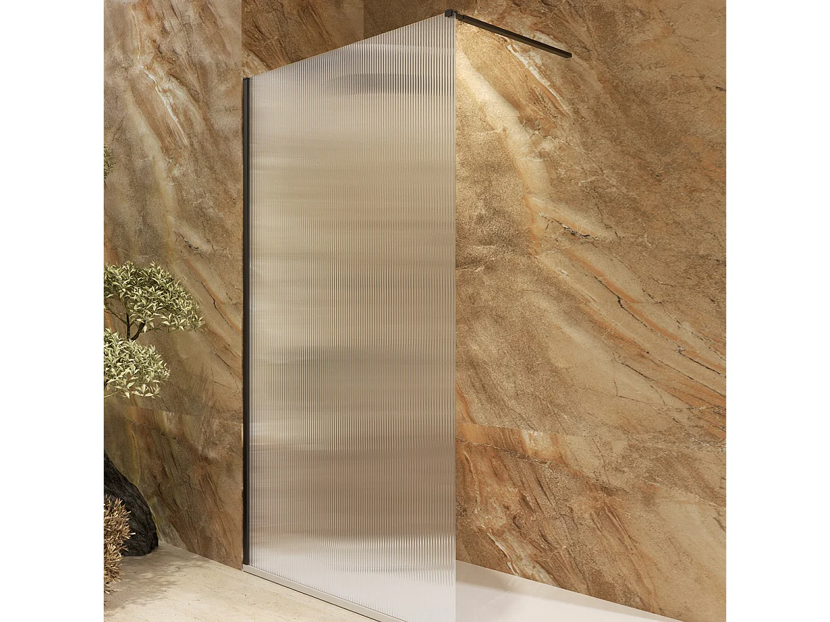 Pannello Doccia Fisso Walk-In | Vetro Temperato 6 mm Anticalcare Ondulato | Altezza 200 cm | Nero Opaco 70cm