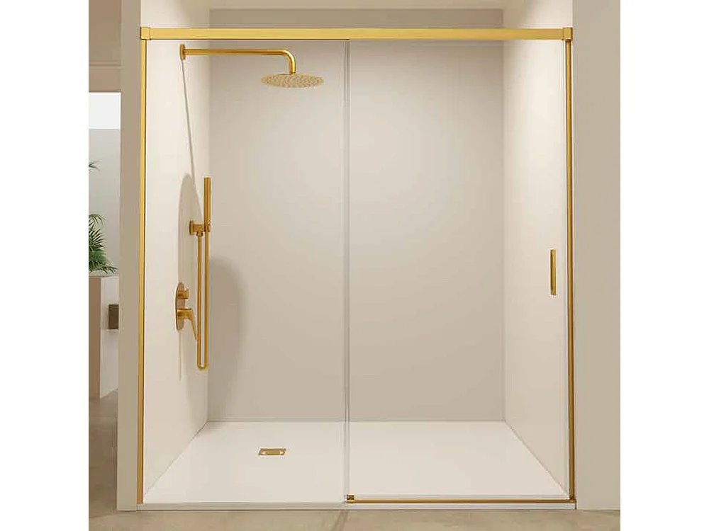 Parete doccia frontale con 1 porta e 1 fisso scorrevole | Vetro temperato 6mm | Altezza 195 cm | Profilo Oro 150cm (adap. 146,1-151)