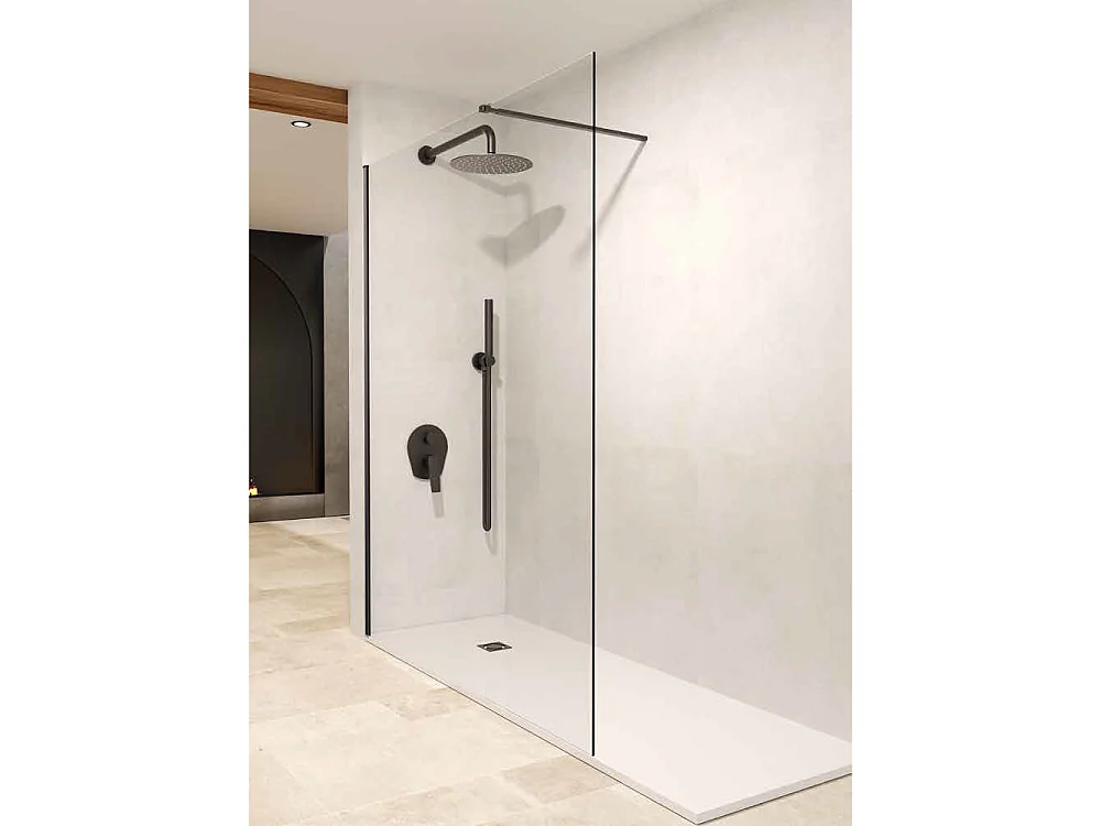 Pannello Doccia Fisso Walk-In | Vetro Temperato 8 mm Anticalcare Trasparente | Altezza 200 cm | Nero Opaco 130cm