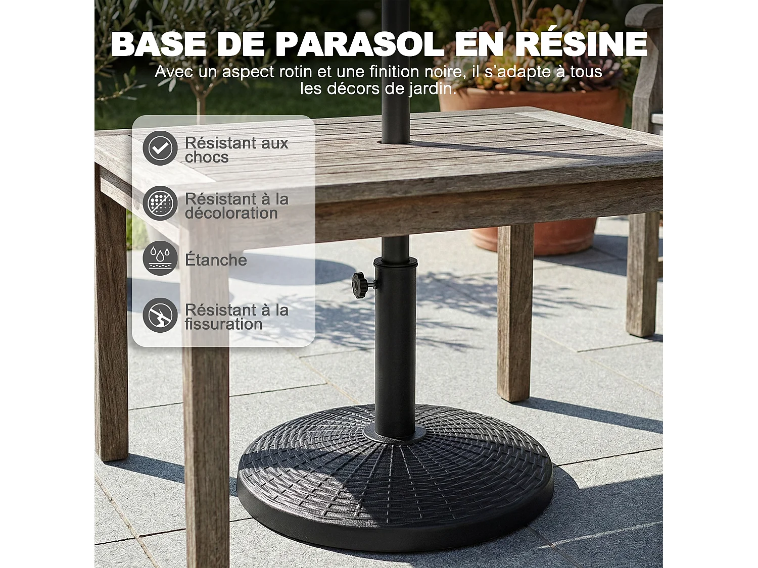 Pied De Parasol Rond Resine Aspect Rotin 44,5 cm 9 kg Noir Avestar