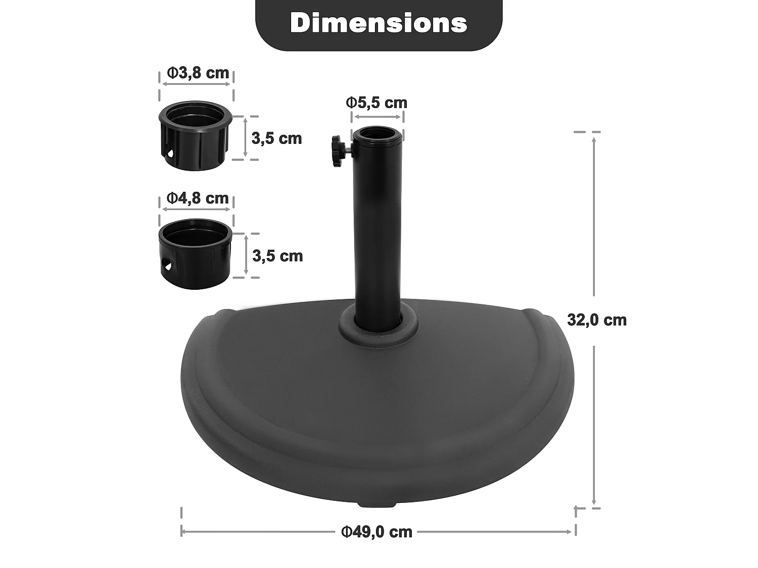Base de Parasol Demi-Ronde 49 cm 9,5 kg Noir Avestar