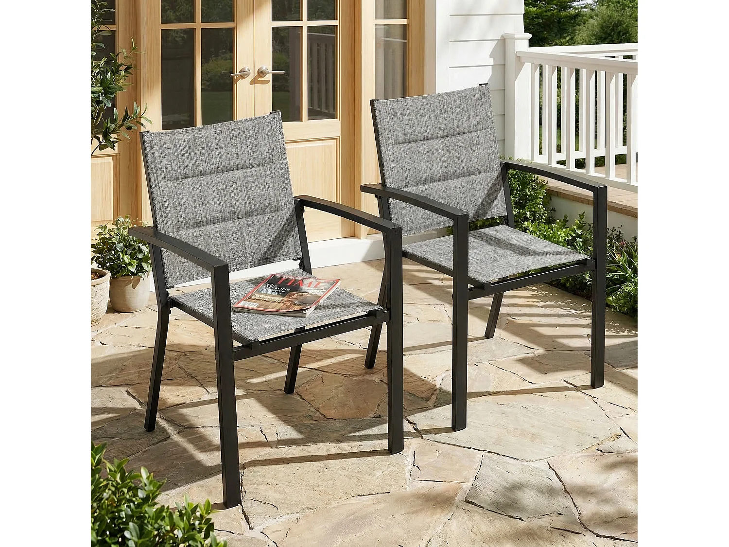 Lot 2 chaises jardin repas empilables Textilène rembourré alu poudré gris clair balcon terrasse piscine