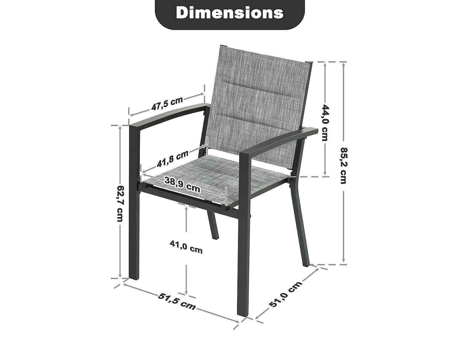 Lot 2 chaises jardin repas empilables Textilène rembourré alu poudré gris clair balcon terrasse piscine