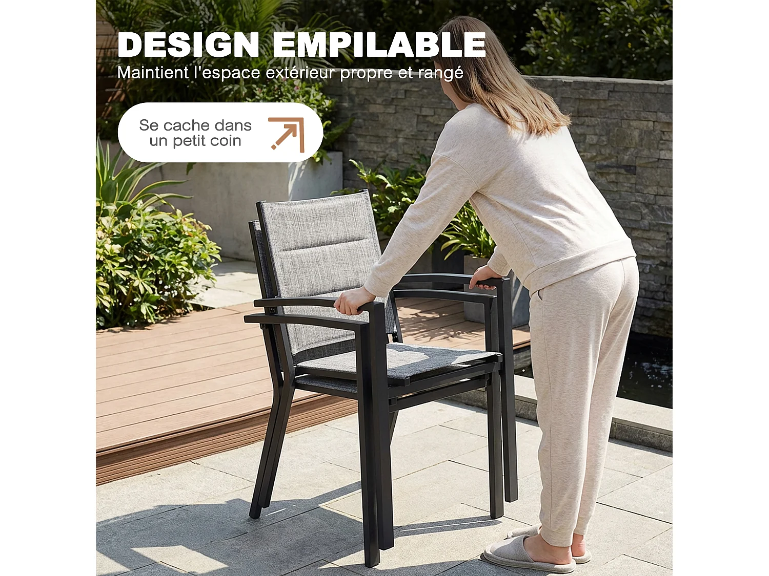 Lot 2 chaises jardin repas empilables Textilène rembourré alu poudré gris clair balcon terrasse piscine