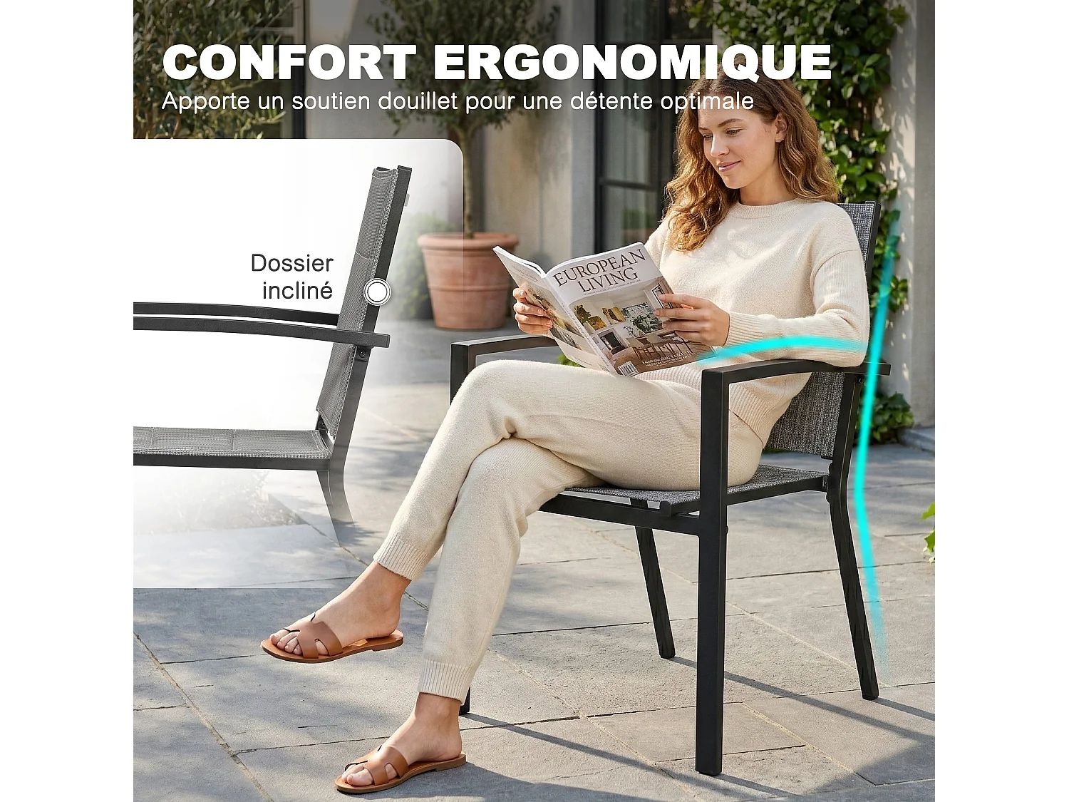 Lot 2 chaises jardin repas empilables Textilène rembourré alu poudré gris clair balcon terrasse piscine