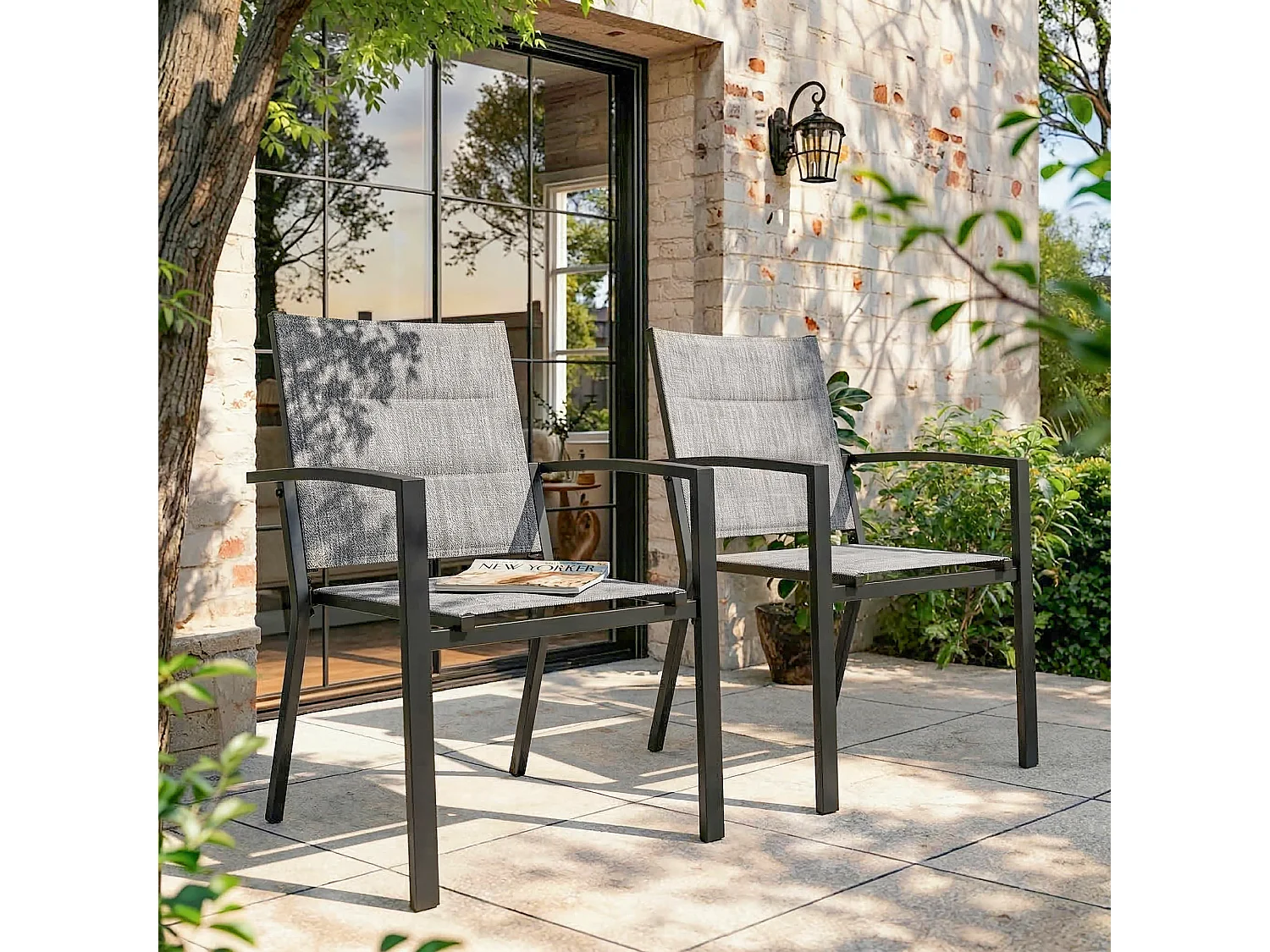 Lot 2 chaises jardin repas empilables Textilène rembourré alu poudré gris clair balcon terrasse piscine