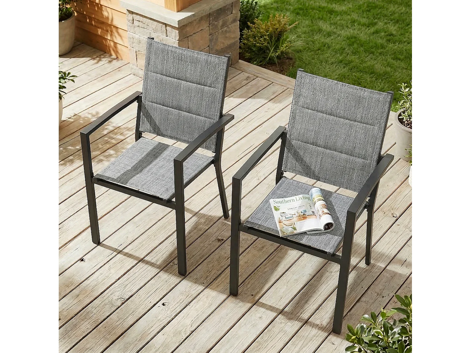 Lot 2 chaises jardin repas empilables Textilène rembourré alu poudré gris clair balcon terrasse piscine