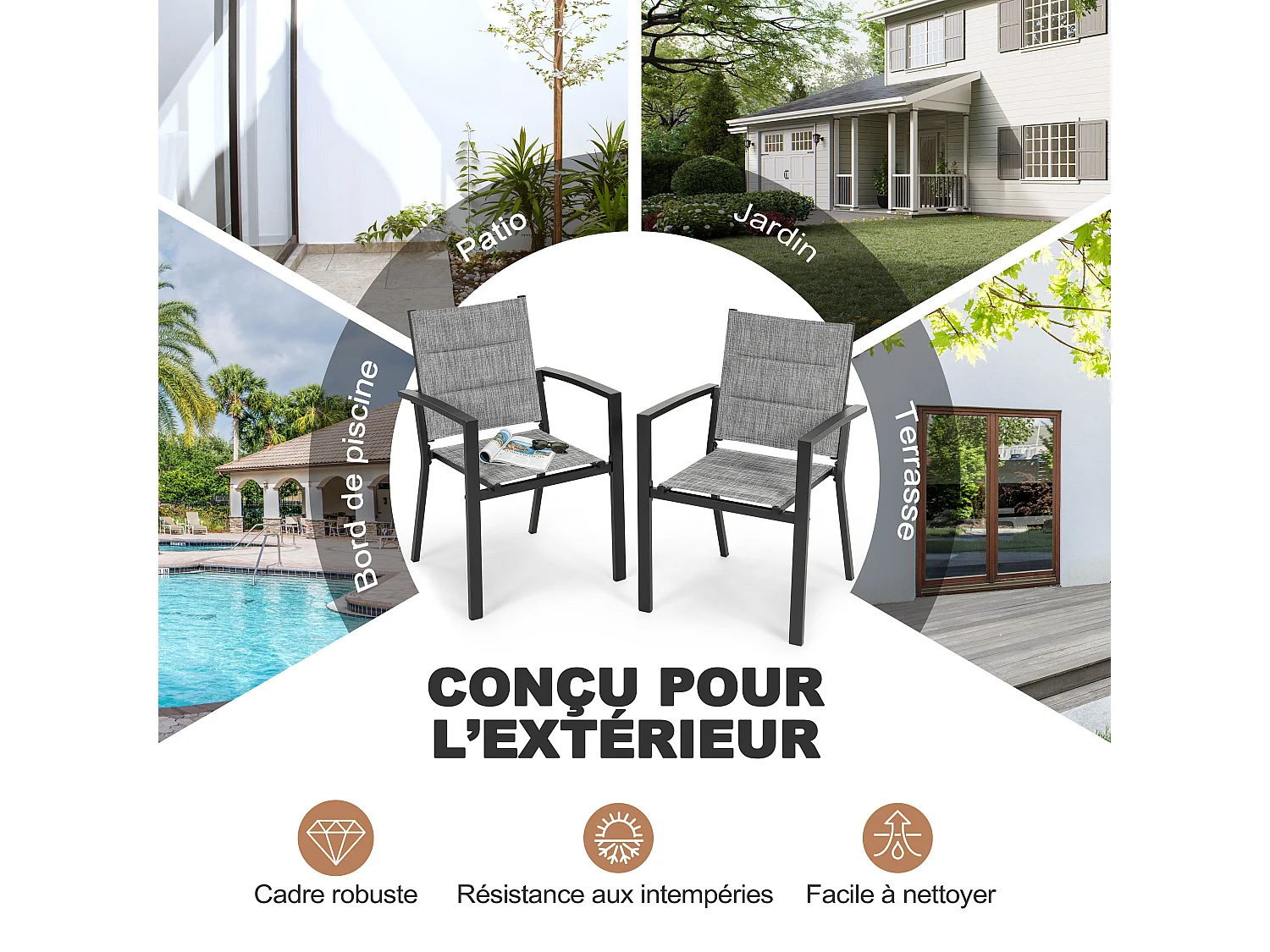 Lot 2 chaises jardin repas empilables Textilène rembourré alu poudré gris clair balcon terrasse piscine