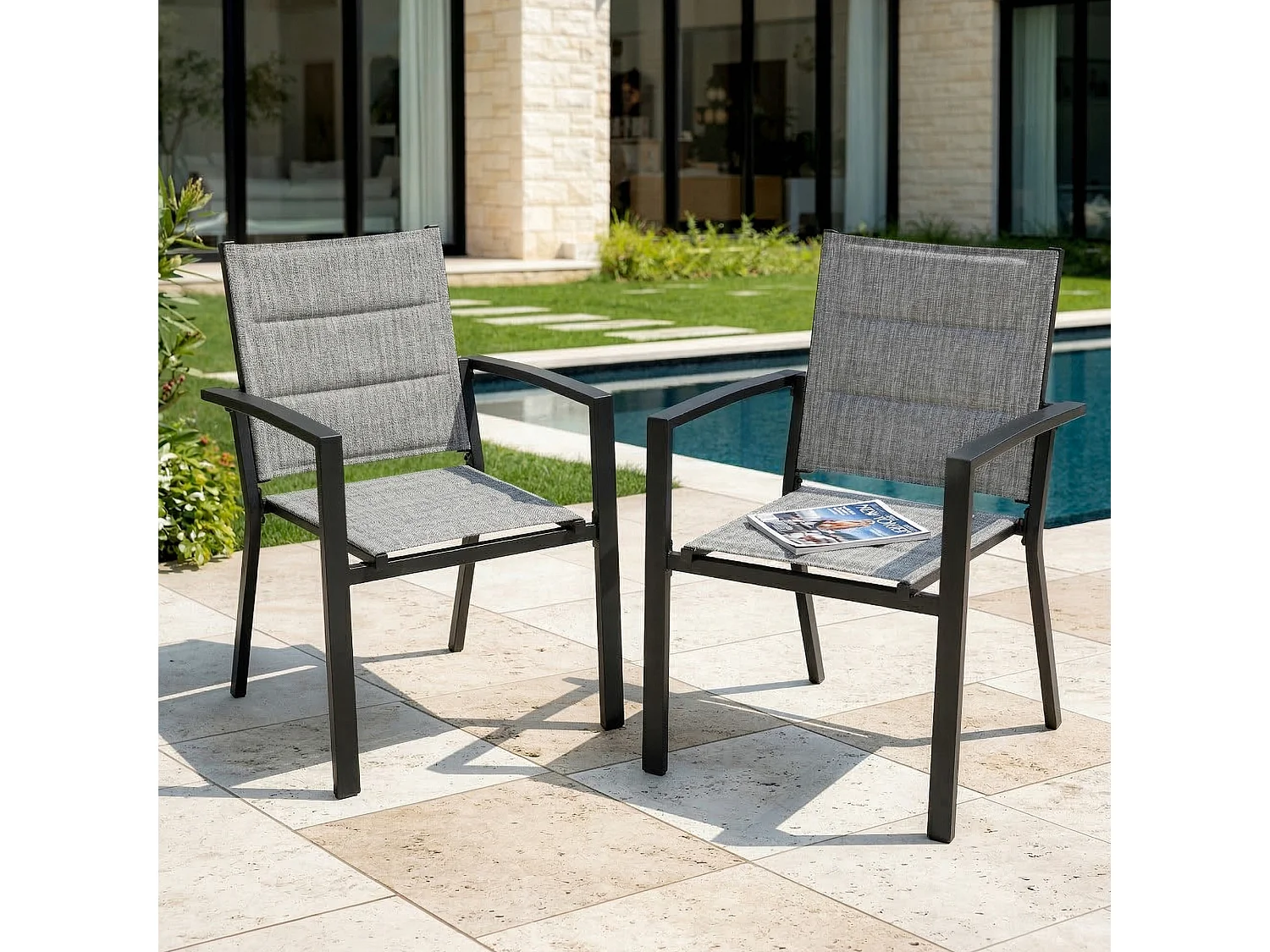 Lot 2 chaises jardin repas empilables Textilène rembourré alu poudré gris clair balcon terrasse piscine
