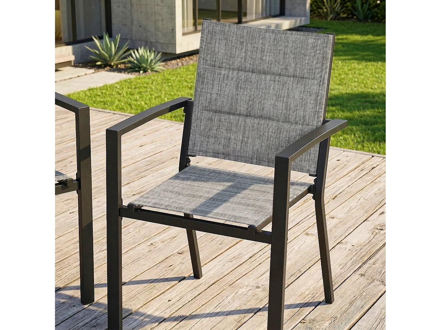 Lot 2 chaises jardin repas empilables Textilène rembourré alu poudré gris clair balcon terrasse piscine