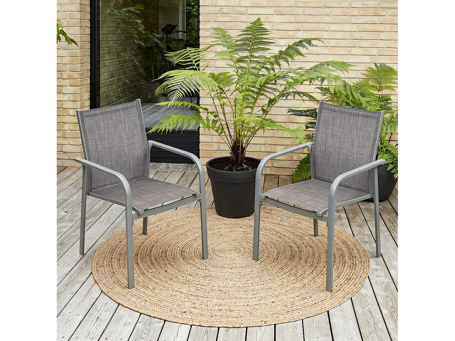 Lot 2 chaises terrasse Textilène alu poudré empilables gris clair – balcon bord piscine