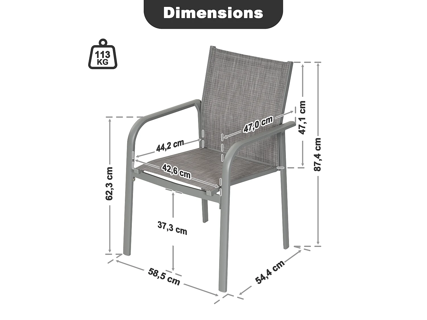 Lot 2 chaises terrasse Textilène alu poudré empilables gris clair – balcon bord piscine