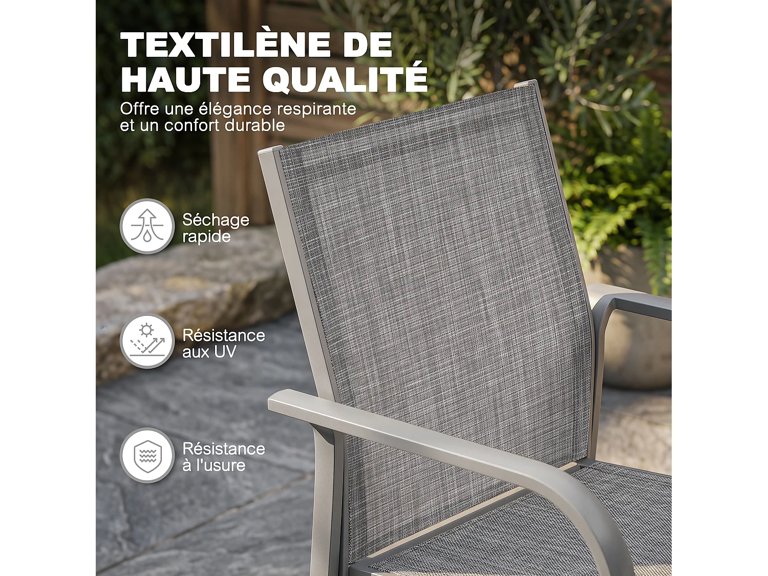 Lot 2 chaises terrasse Textilène alu poudré empilables gris clair – balcon bord piscine