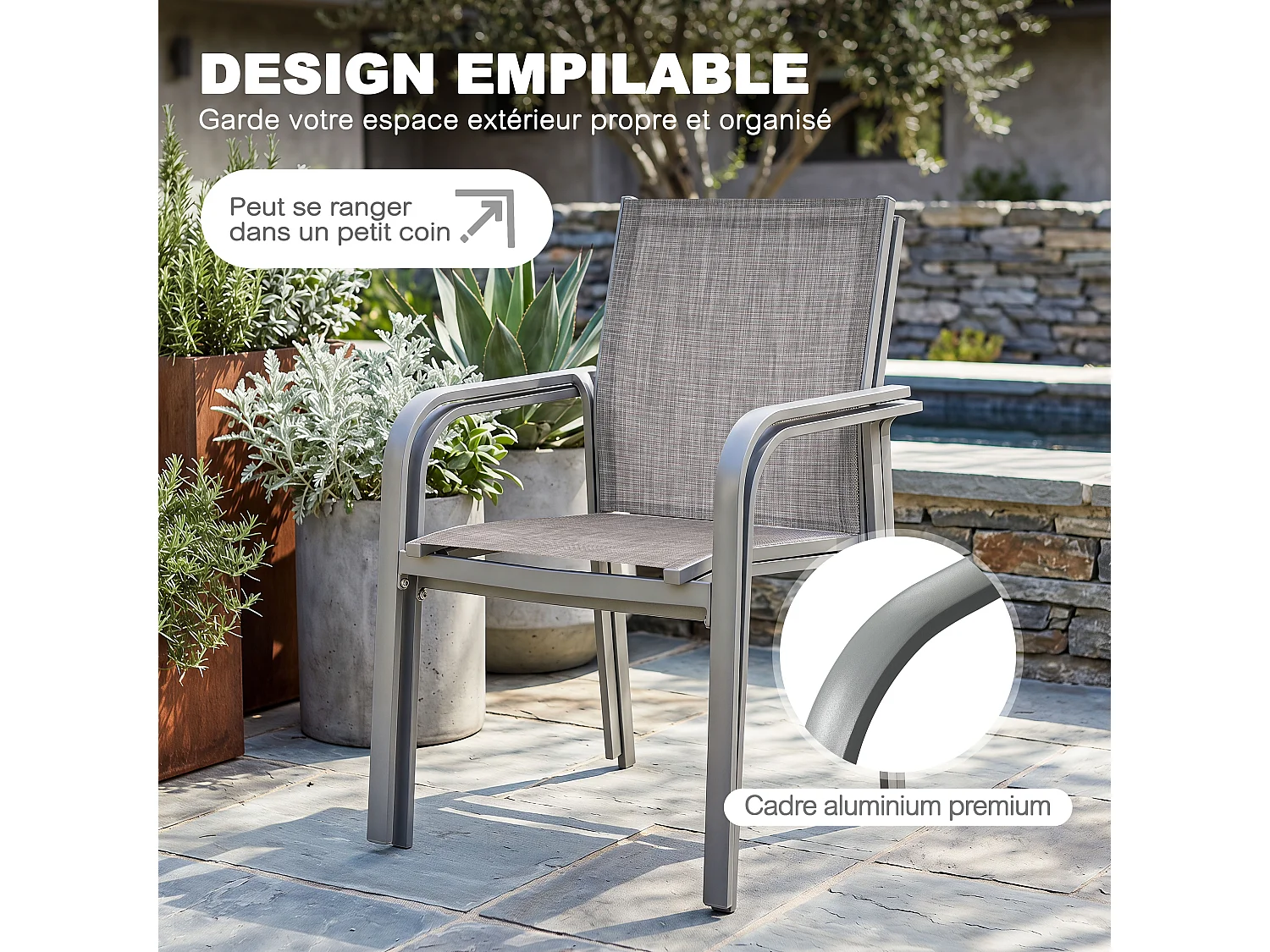 Lot 2 chaises terrasse Textilène alu poudré empilables gris clair – balcon bord piscine