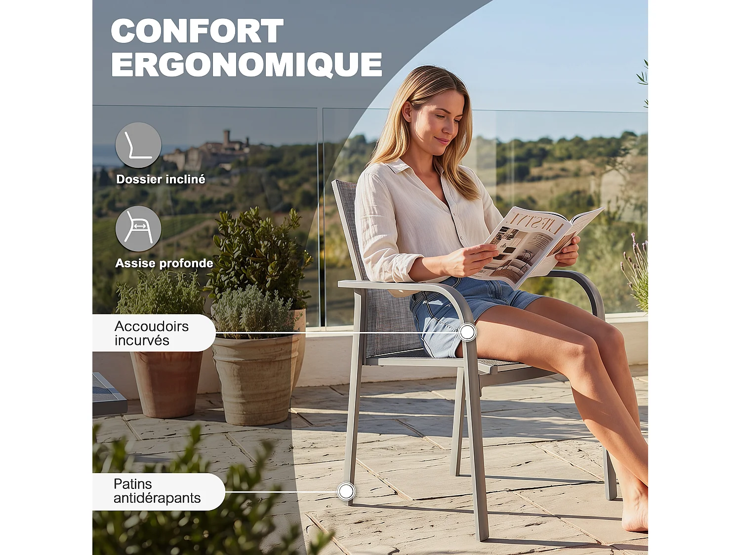 Lot 2 chaises terrasse Textilène alu poudré empilables gris clair – balcon bord piscine