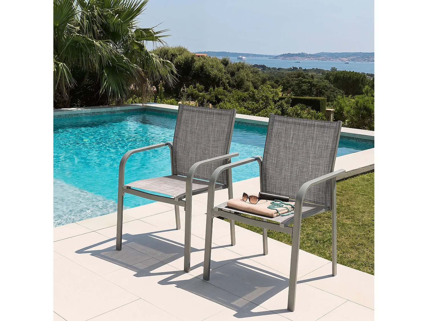 Lot 2 chaises terrasse Textilène alu poudré empilables gris clair – balcon bord piscine