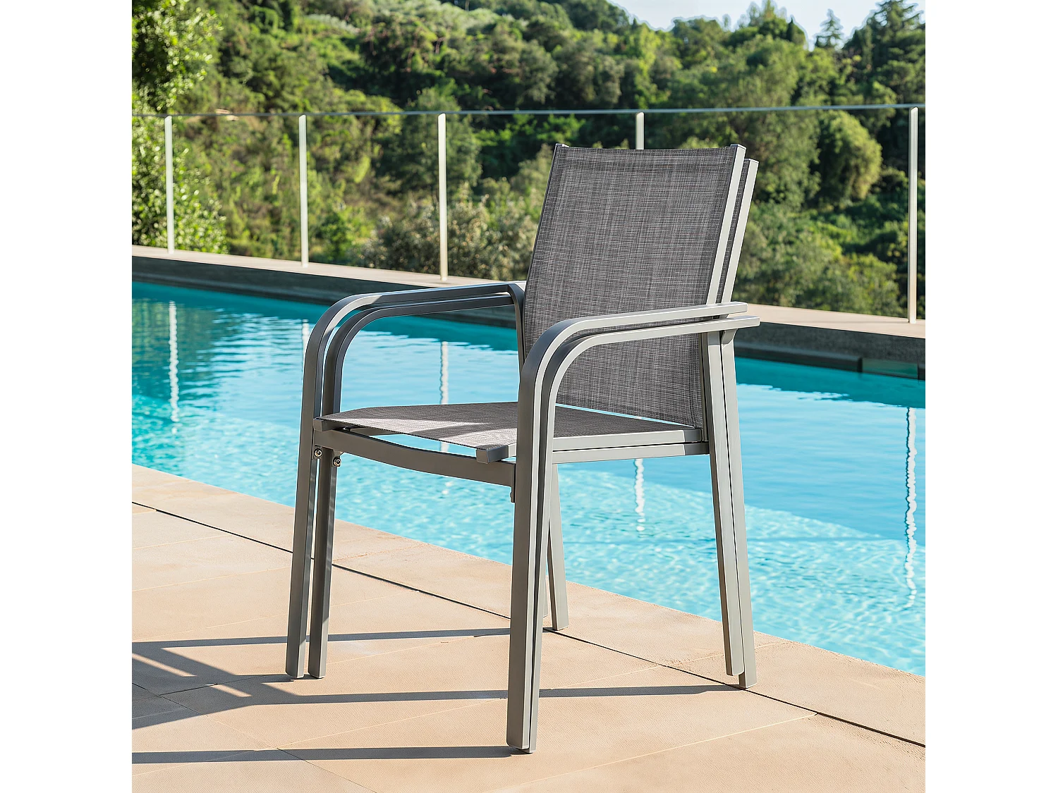 Lot 2 chaises terrasse Textilène alu poudré empilables gris clair – balcon bord piscine