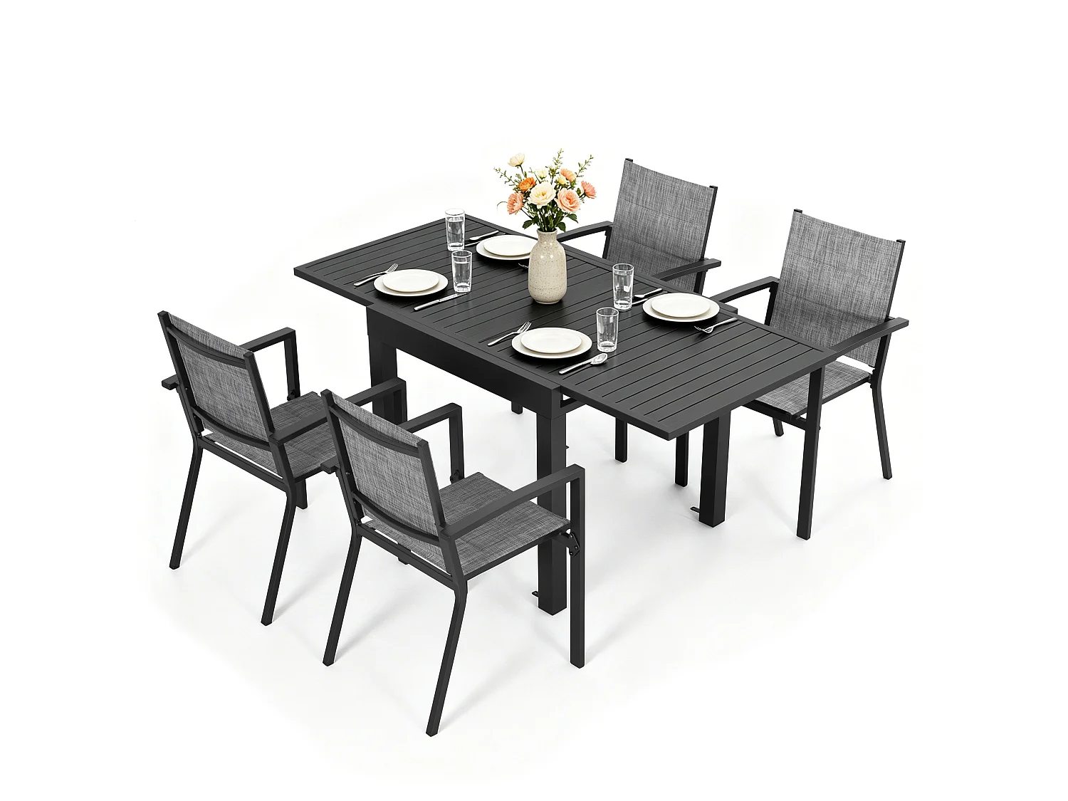 Ensemble repas de terrasse aluminium 5 pièces, table extensible et chaises empilables