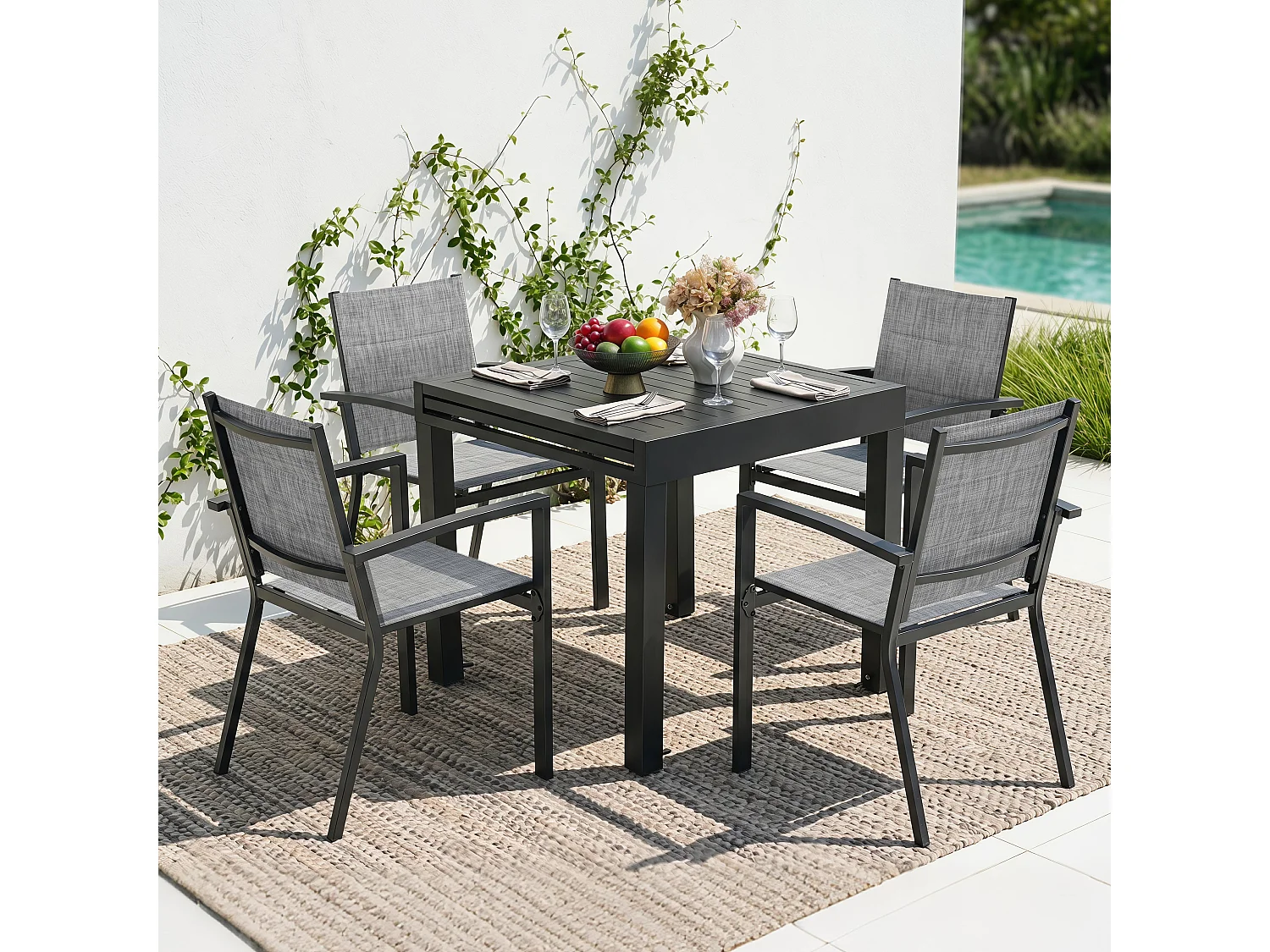 Ensemble repas de terrasse aluminium 5 pièces, table extensible et chaises empilables