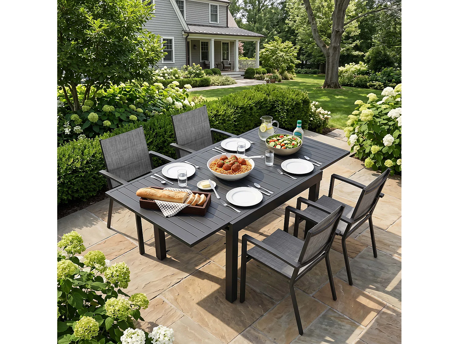 Ensemble repas de terrasse aluminium 5 pièces, table extensible et chaises empilables