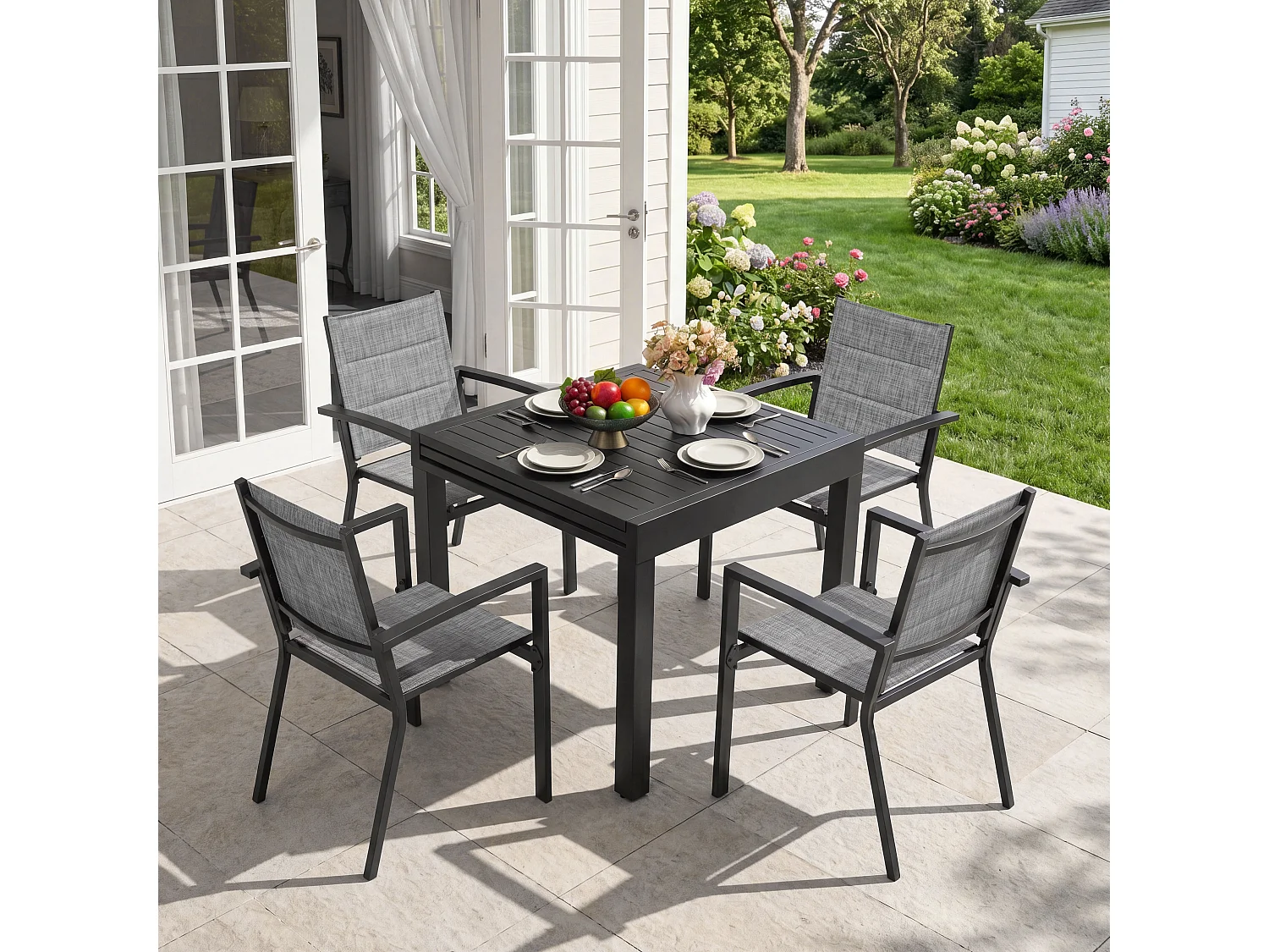 Ensemble repas de terrasse aluminium 5 pièces, table extensible et chaises empilables