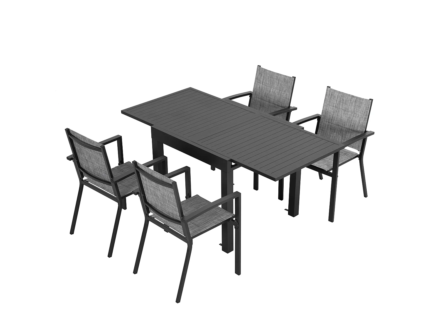 Ensemble repas de terrasse aluminium 5 pièces, table extensible et chaises empilables