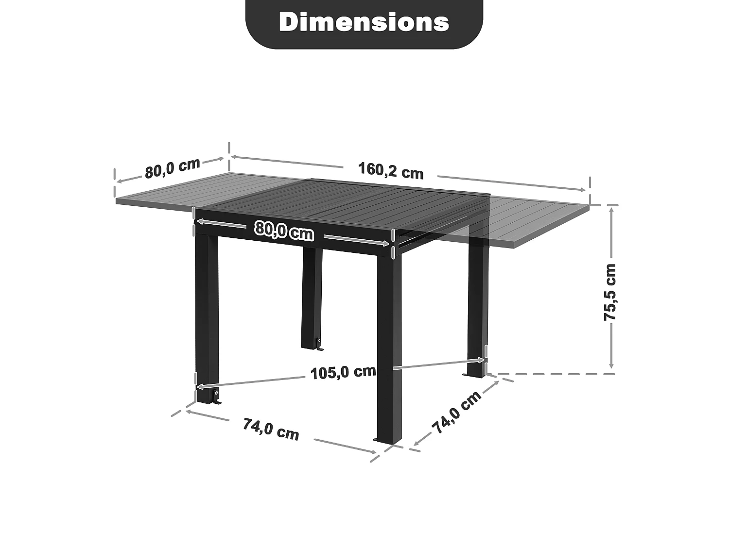 Table de repas extensible 4-6 pers 80-160cm alu pieds réglables terrasse jardin piscine