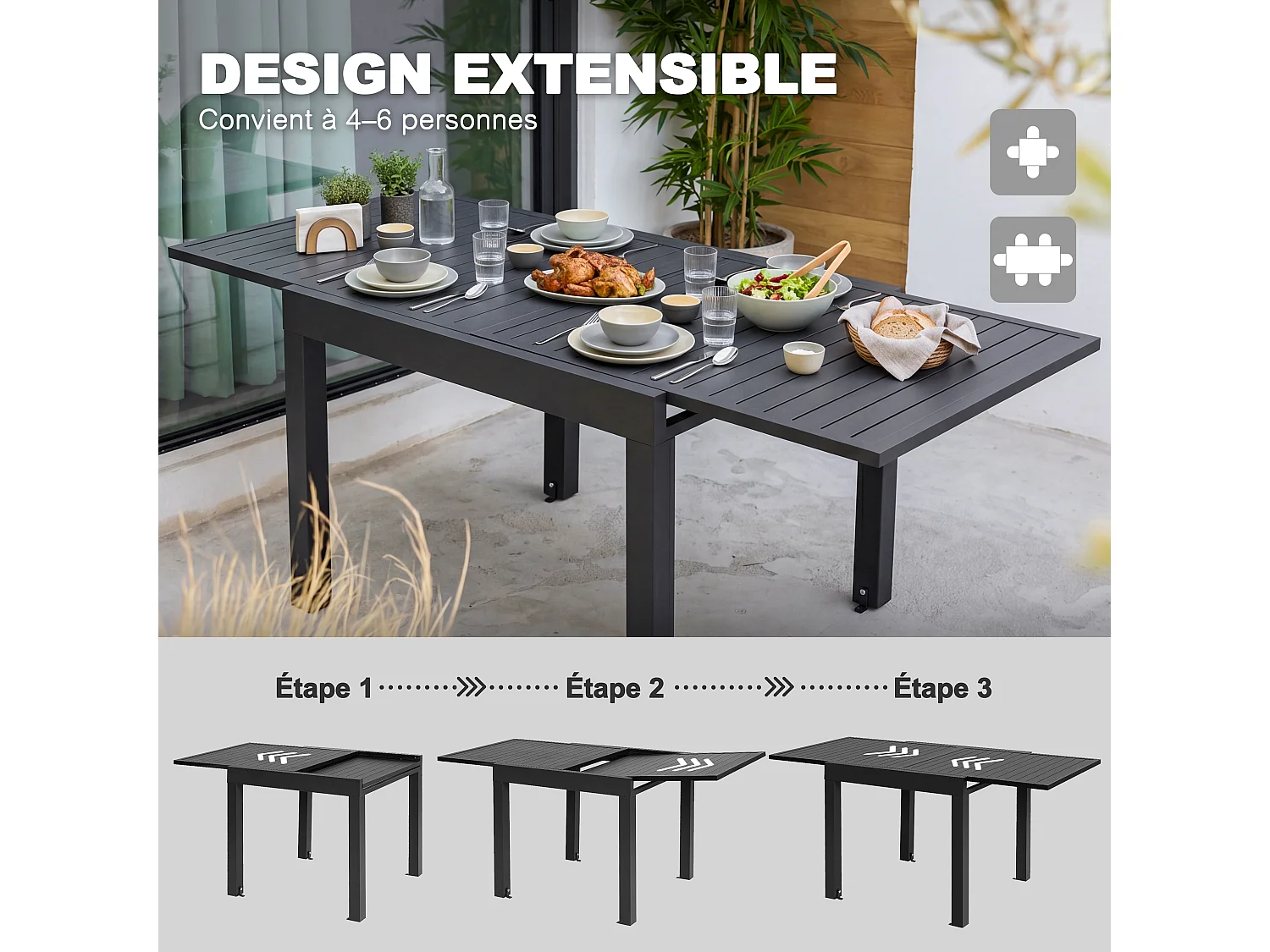 Table de repas extensible 4-6 pers 80-160cm alu pieds réglables terrasse jardin piscine