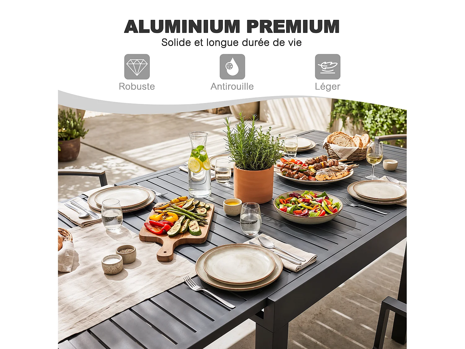 Table de repas extensible 4-6 pers 80-160cm alu pieds réglables terrasse jardin piscine