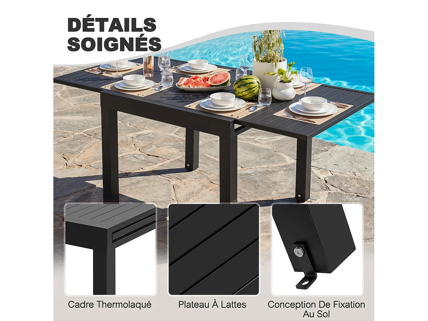 Table de repas extensible 4-6 pers 80-160cm alu pieds réglables terrasse jardin piscine