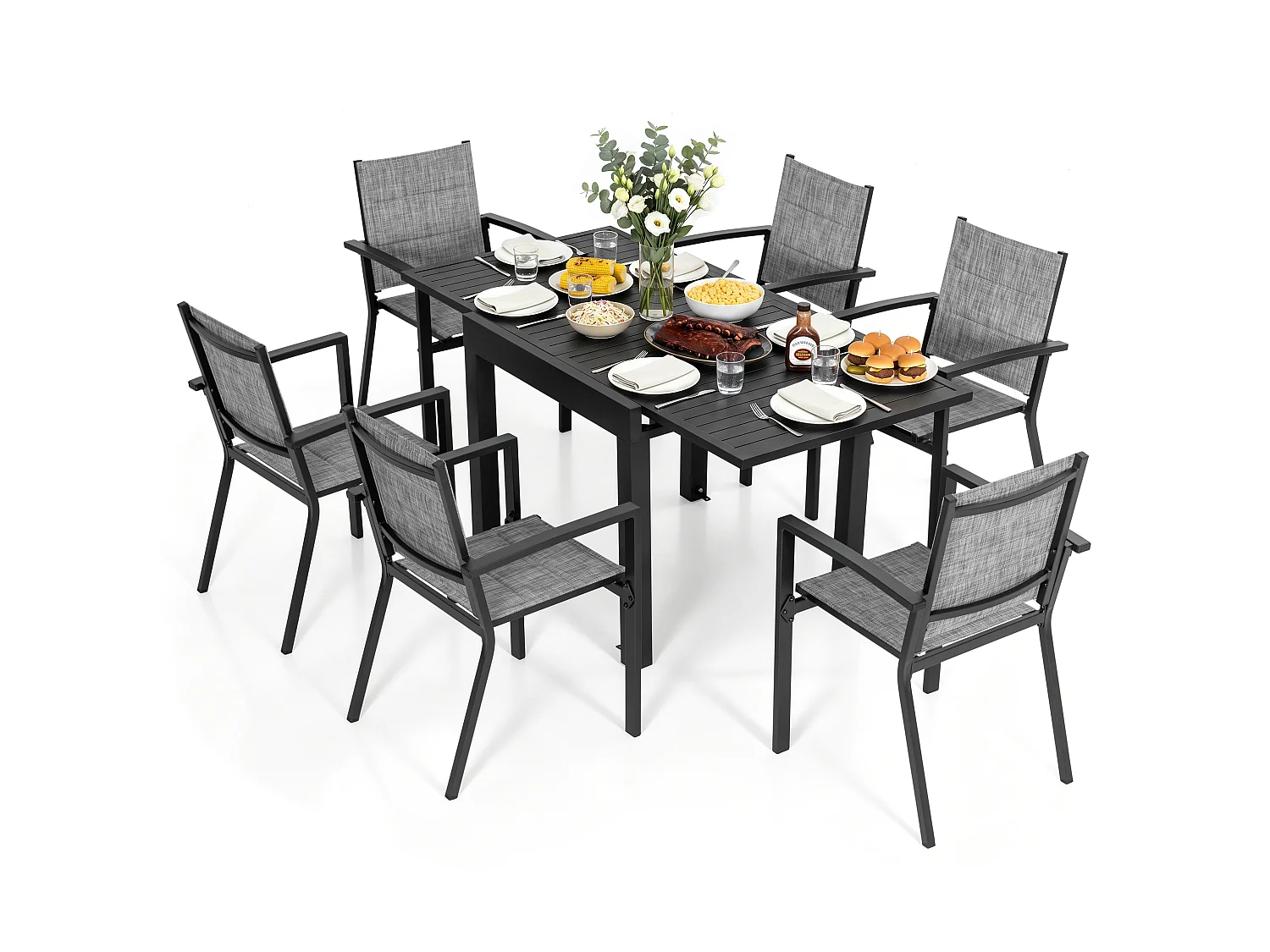 Ensemble de repas d’extérieur en aluminium 7 pièces, table extensible et chaises empilables