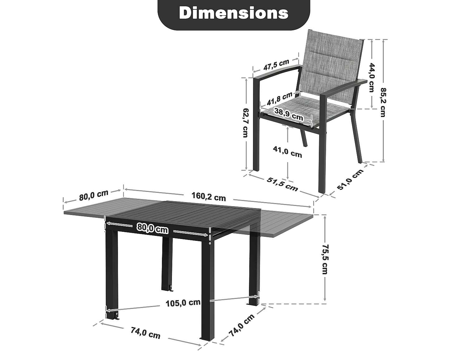 Ensemble de repas d’extérieur en aluminium 7 pièces, table extensible et chaises empilables