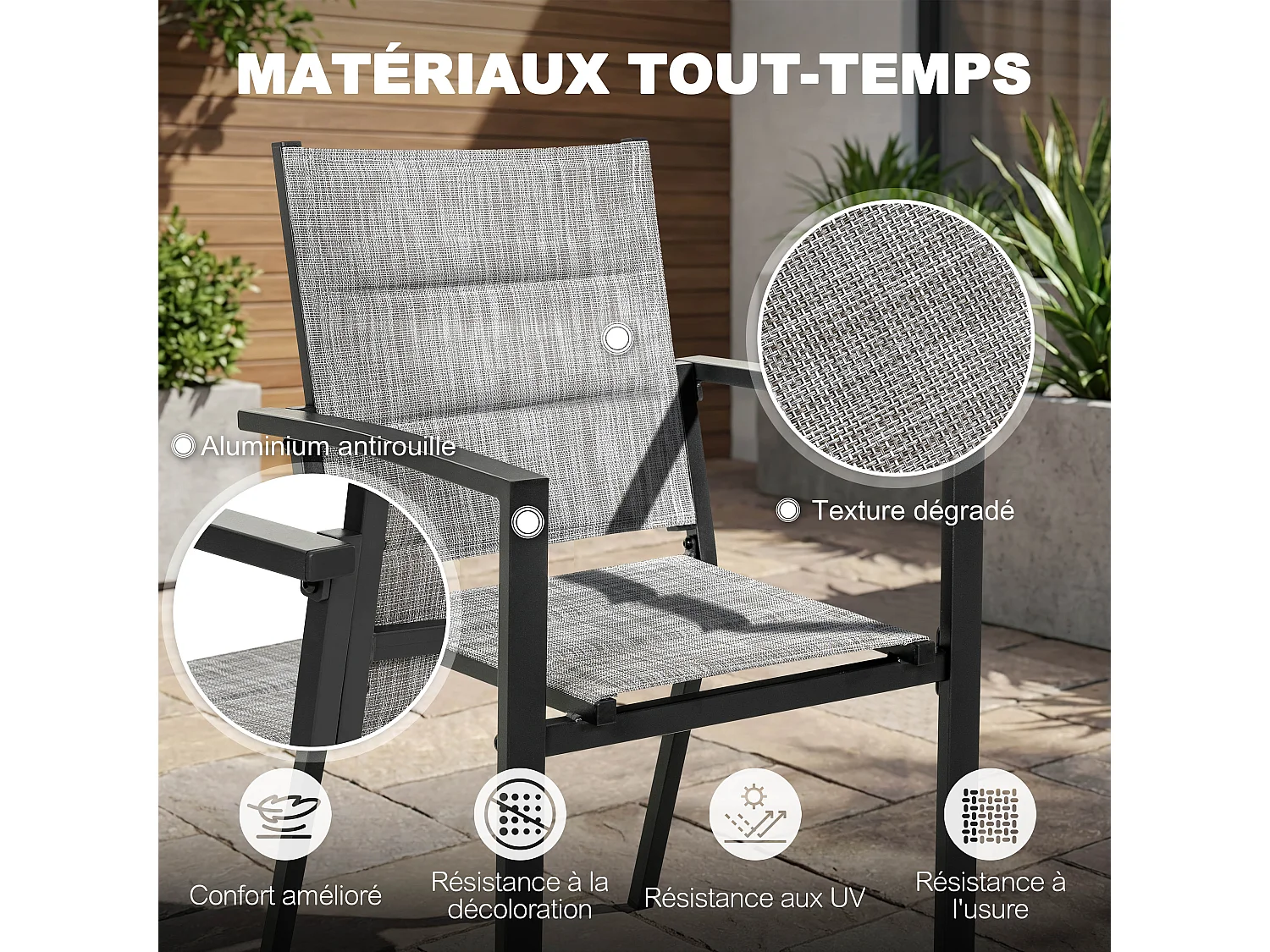 Ensemble de repas d’extérieur en aluminium 7 pièces, table extensible et chaises empilables