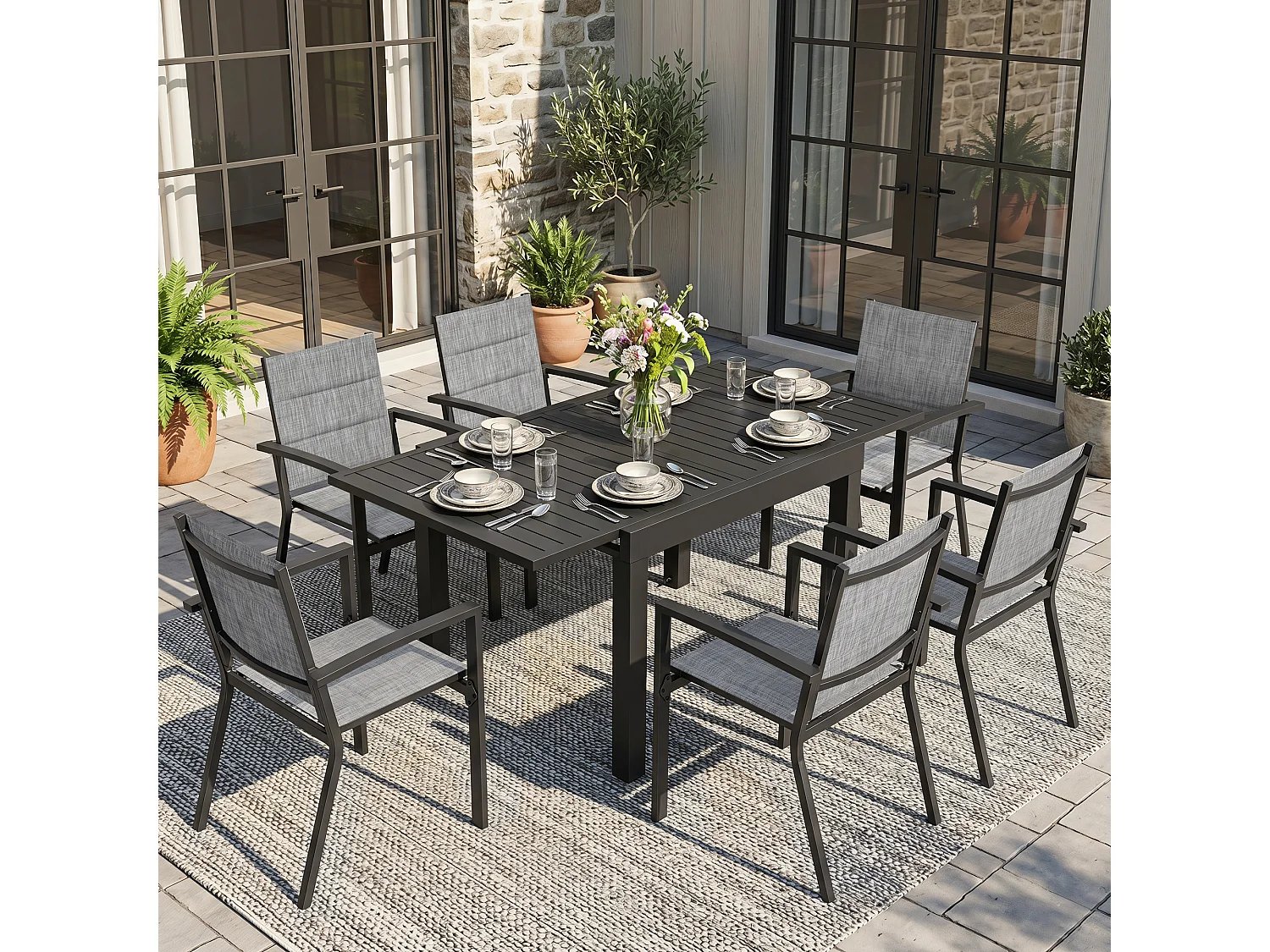 Ensemble de repas d’extérieur en aluminium 7 pièces, table extensible et chaises empilables